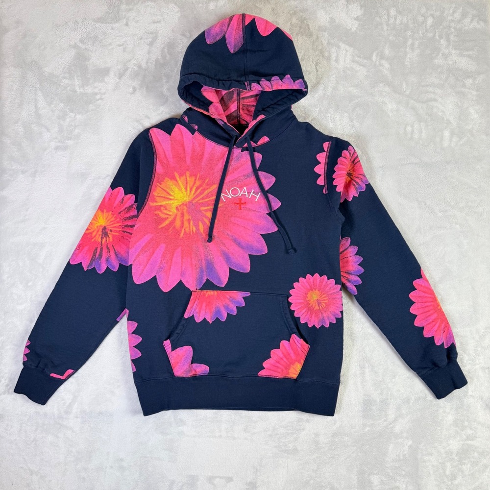 Noah Hoodie Mens Medium Navy Blue Pink Floral B-52 Collab Pullover Sweatshirt